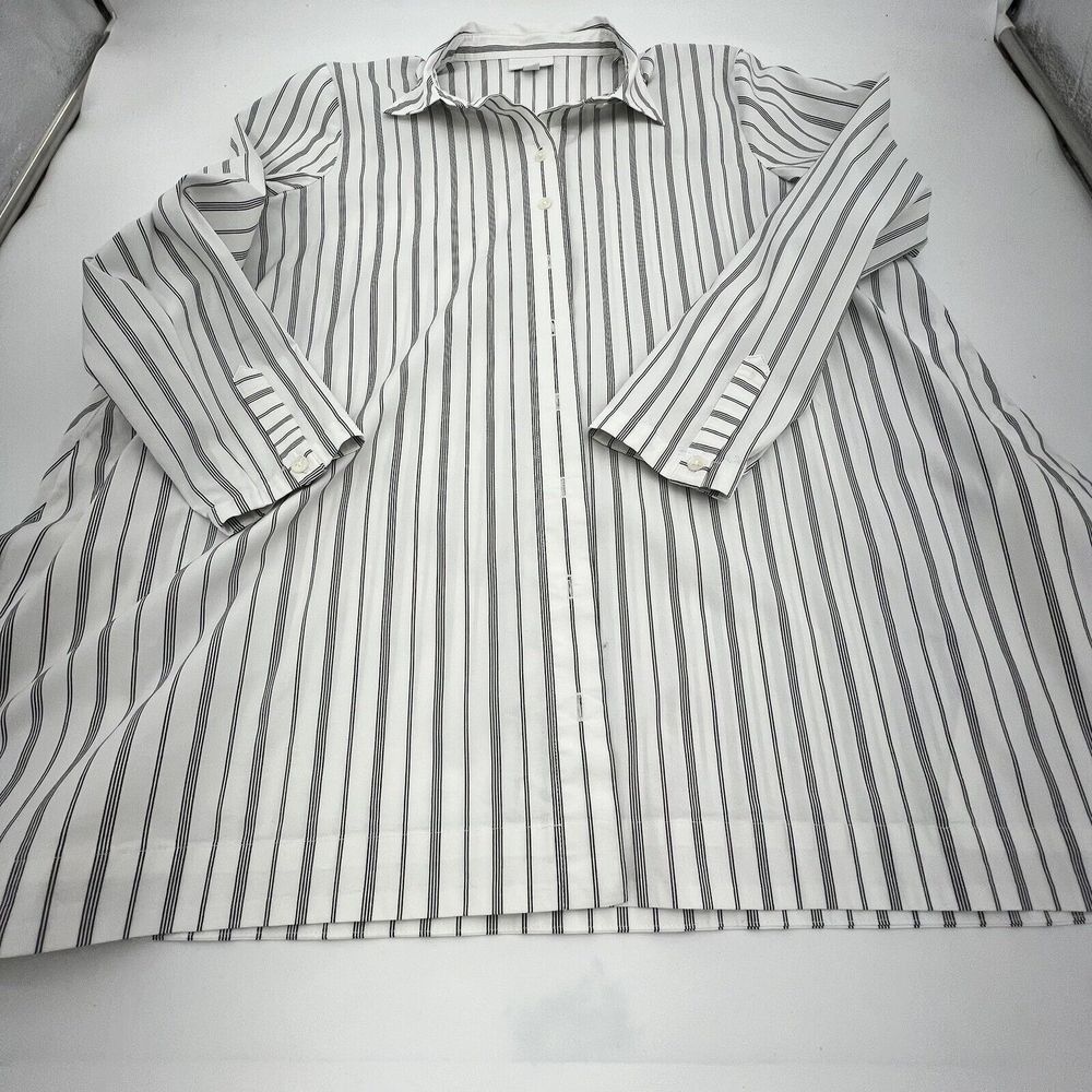 J Jill White Black Vertical Stripe Button down Long Sleeve High Low blouse Sz PL